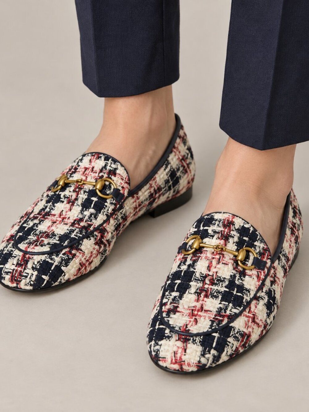 Gucci Tweed Horsebit Loafers in Navy, White & Red